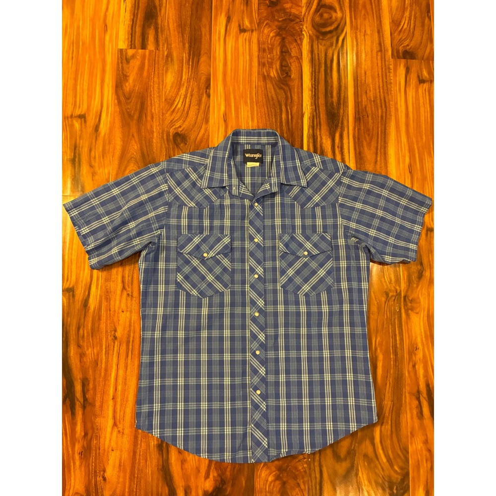 Wrangler Mens Blue Plaid Short Sleeve Western Pearl Snap Shirt XL